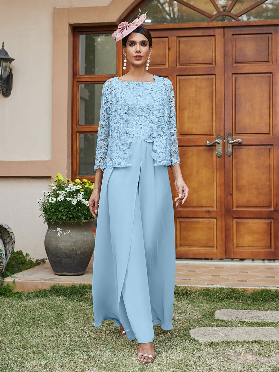 Macacão de Calça de 3/4 de Mangas com Gola Quadrada em Chiffon, Aplicações de Renda e Casaco