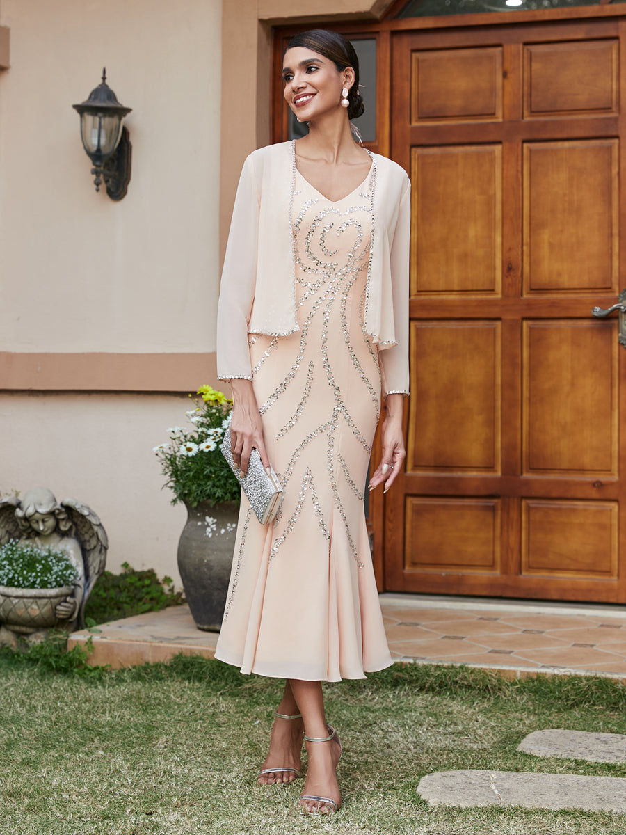 Vestidos Longos de Noite com Mangas 3/4 e Decote em V Bordados com Lantejoulas e Casaco em Estilo Sereia/Coluna