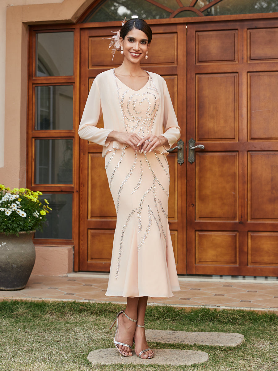 Vestidos Longos de Noite com Mangas 3/4 e Decote em V Bordados com Lantejoulas e Casaco em Estilo Sereia/Coluna