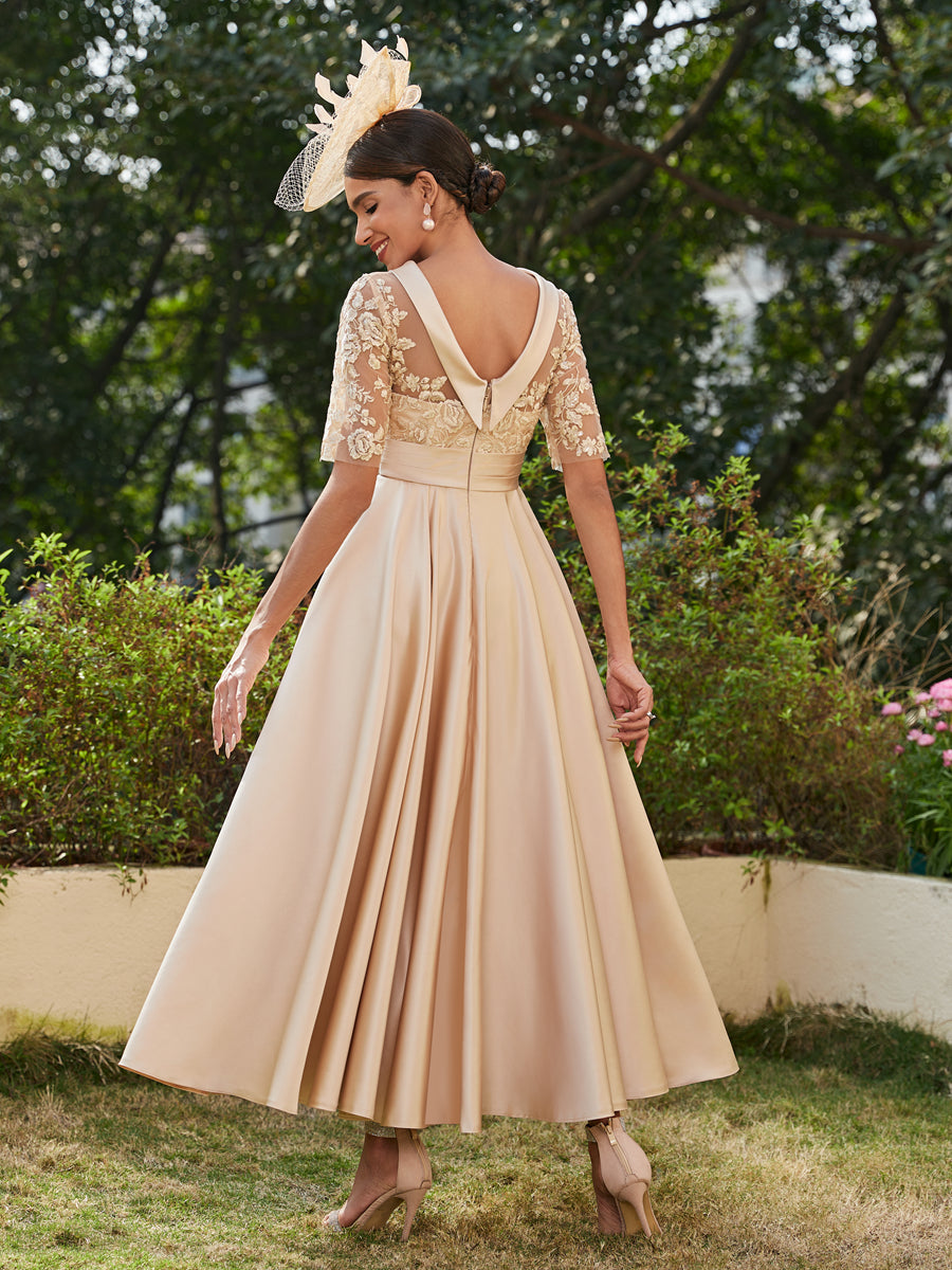 Vestidos Longos de Noite com Mangas Meio Comprimento e Gola Redonda Bordados em Estilo A-Line/Princesa até o Tornozelo