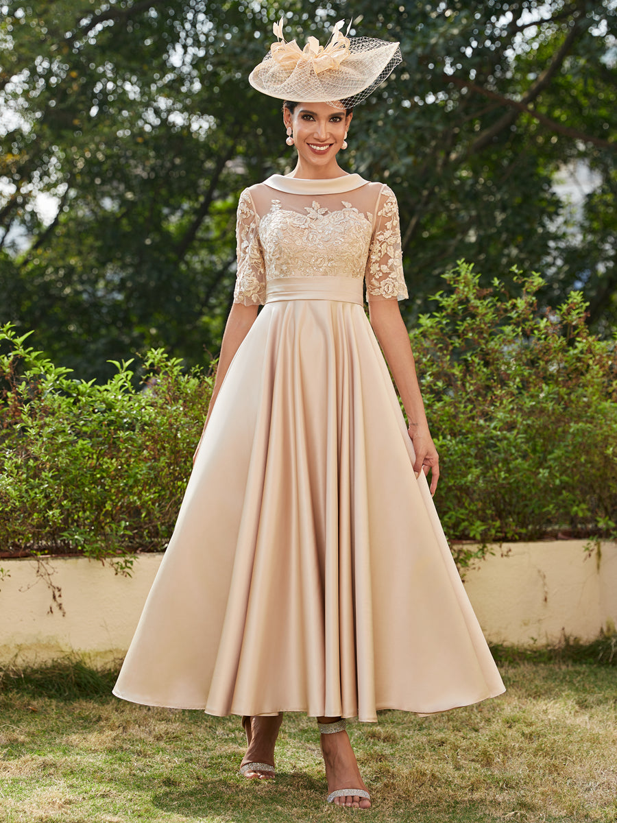 Vestidos Longos de Noite com Mangas Meio Comprimento e Gola Redonda Bordados em Estilo A-Line/Princesa até o Tornozelo