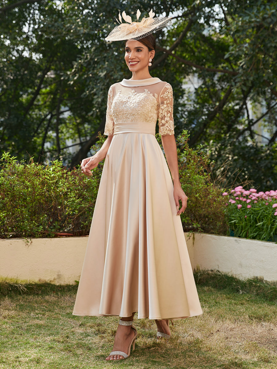 Vestidos Longos de Noite com Mangas Meio Comprimento e Gola Redonda Bordados em Estilo A-Line/Princesa até o Tornozelo