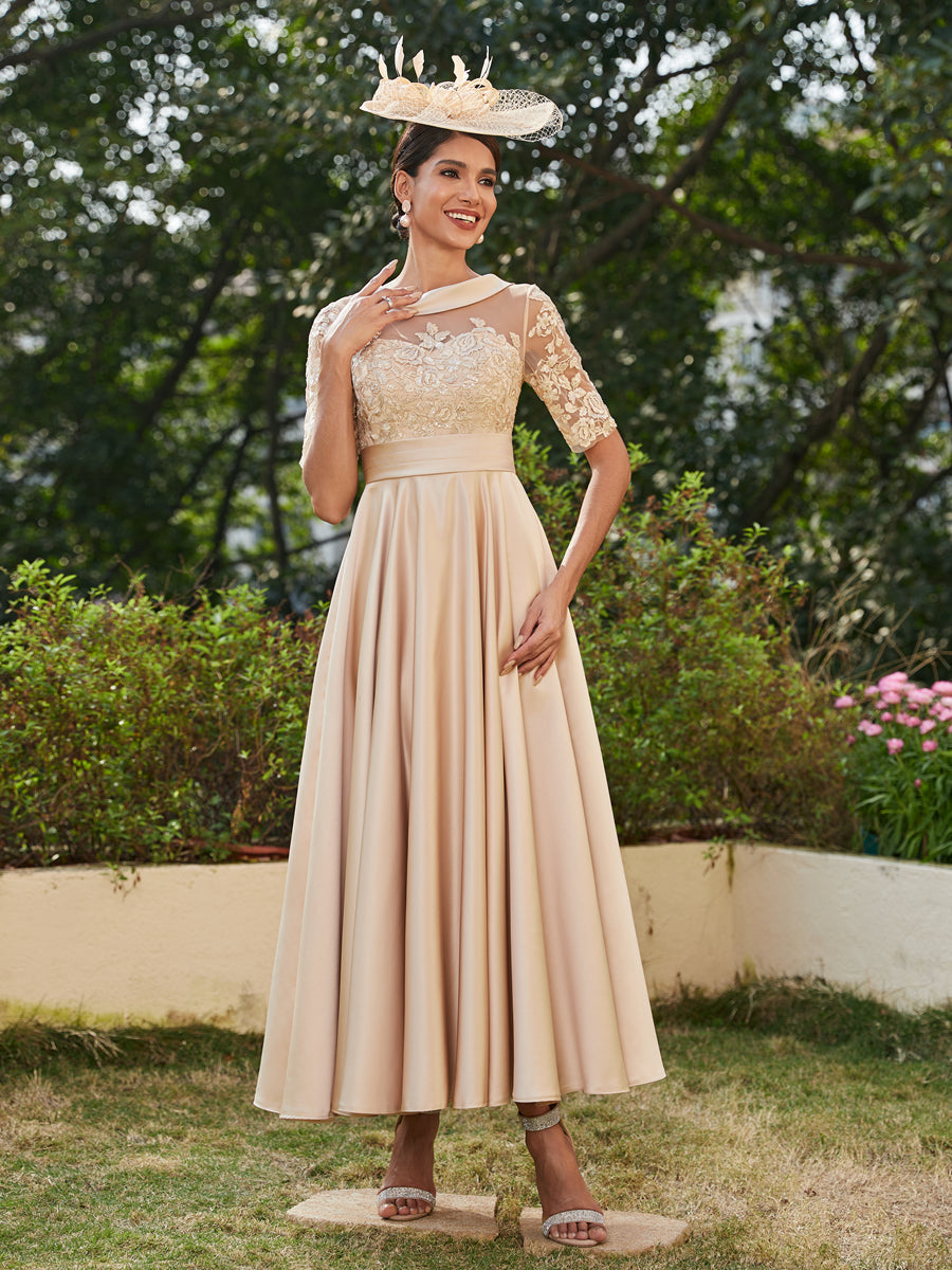 Vestidos Longos de Noite com Mangas Meio Comprimento e Gola Redonda Bordados em Estilo A-Line/Princesa até o Tornozelo