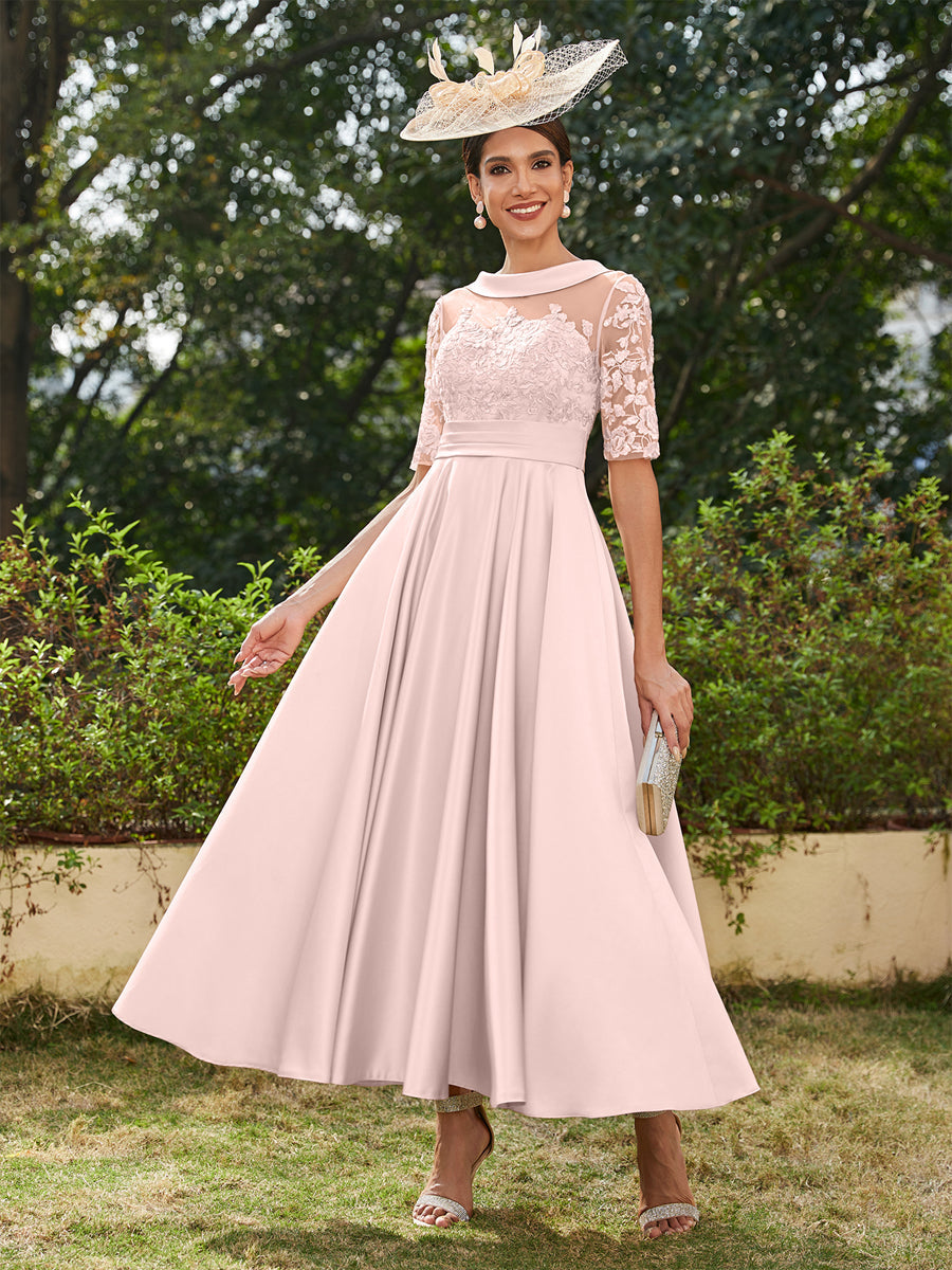 Vestidos Longos de Noite com Mangas Meio Comprimento e Gola Redonda Bordados em Estilo A-Line/Princesa até o Tornozelo