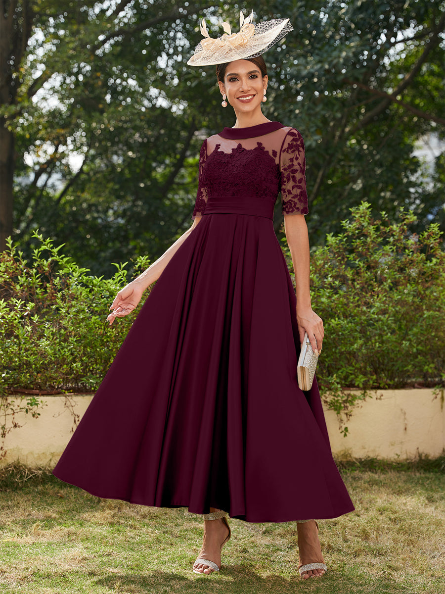 Vestidos Longos de Noite com Mangas Meio Comprimento e Gola Redonda Bordados em Estilo A-Line/Princesa até o Tornozelo
