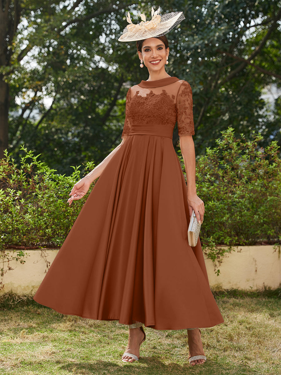 Vestidos Longos de Noite com Mangas Meio Comprimento e Gola Redonda Bordados em Estilo A-Line/Princesa até o Tornozelo