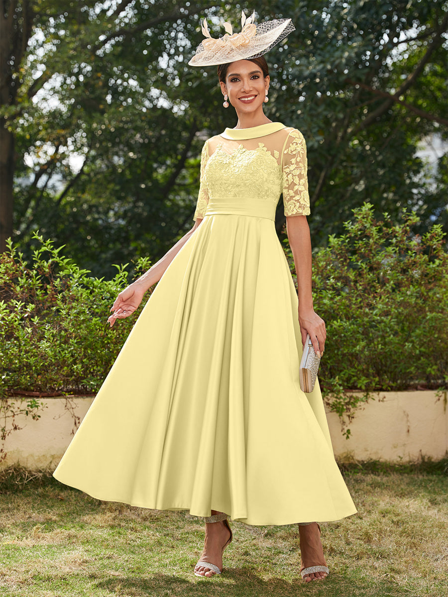 Vestidos Longos de Noite com Mangas Meio Comprimento e Gola Redonda Bordados em Estilo A-Line/Princesa até o Tornozelo