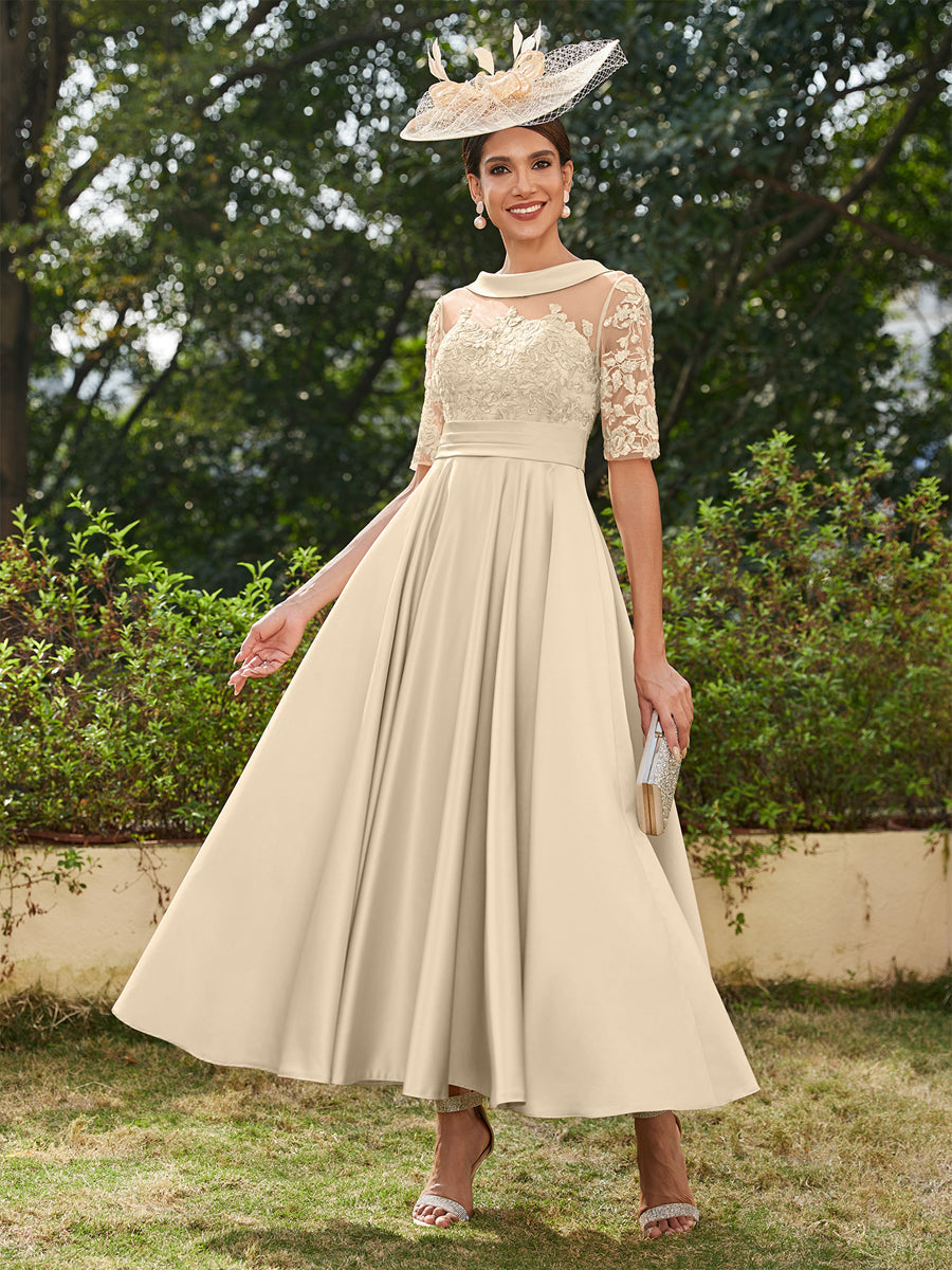 Vestidos Longos de Noite com Mangas Meio Comprimento e Gola Redonda Bordados em Estilo A-Line/Princesa até o Tornozelo