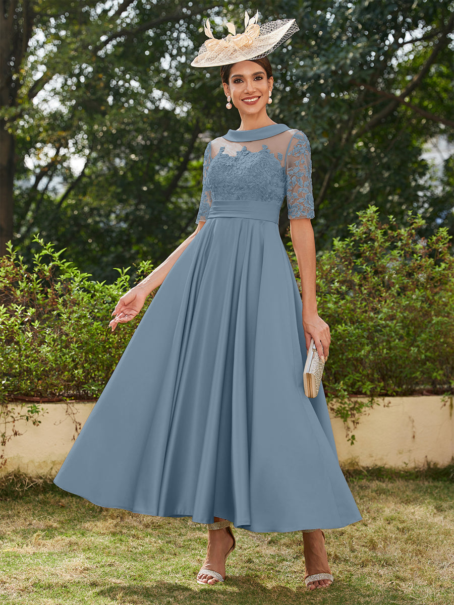 Vestidos Longos de Noite com Mangas Meio Comprimento e Gola Redonda Bordados em Estilo A-Line/Princesa até o Tornozelo