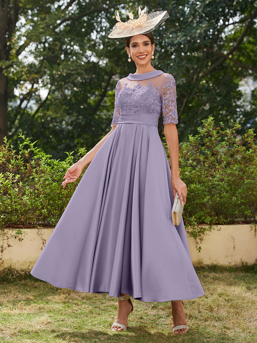 Vestidos Longos de Noite com Mangas Meio Comprimento e Gola Redonda Bordados em Estilo A-Line/Princesa até o Tornozelo