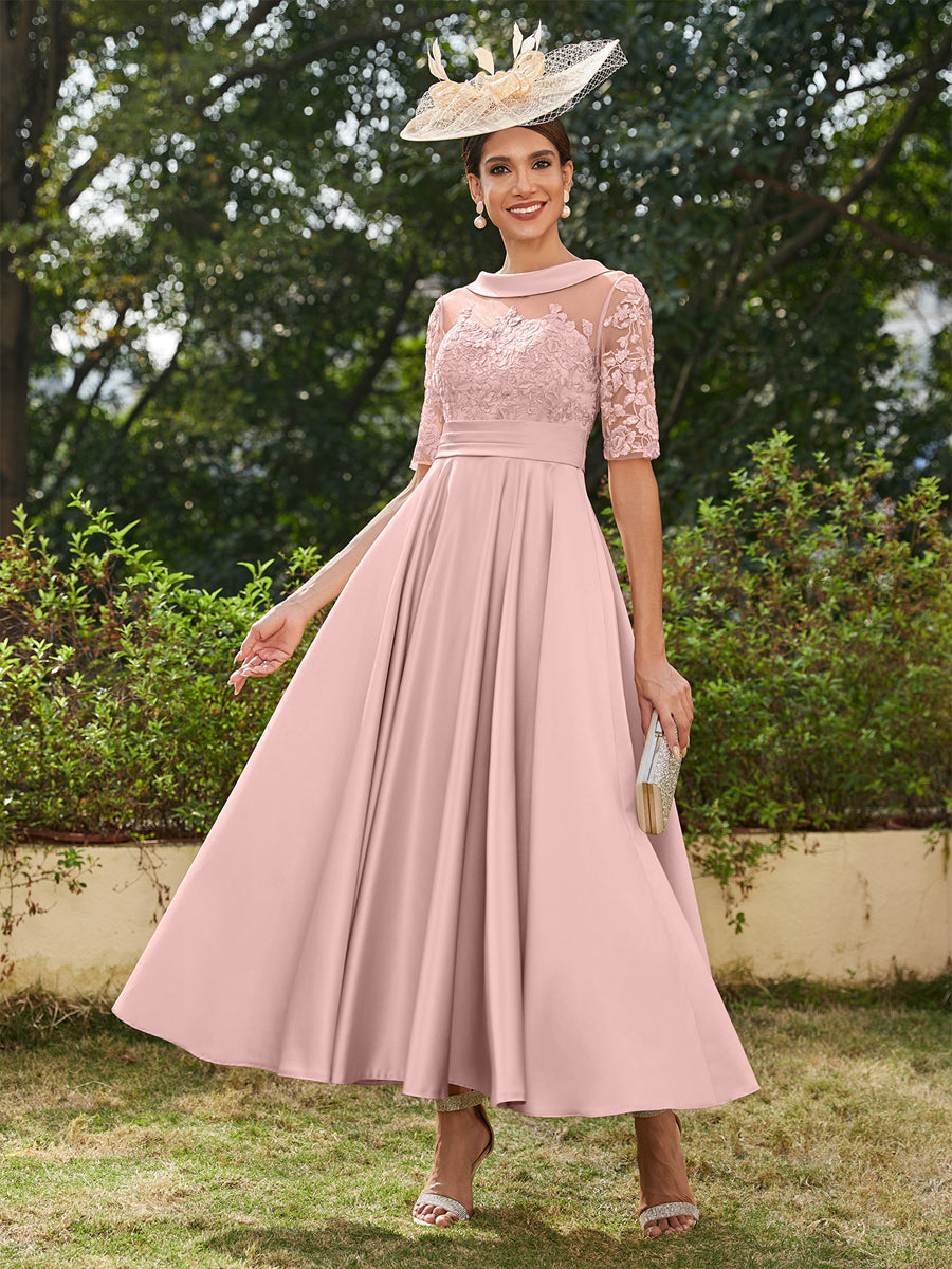 Vestidos Longos de Noite com Mangas Meio Comprimento e Gola Redonda Bordados em Estilo A-Line/Princesa até o Tornozelo
