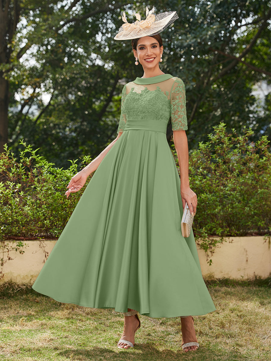 Vestidos Longos de Noite com Mangas Meio Comprimento e Gola Redonda Bordados em Estilo A-Line/Princesa até o Tornozelo