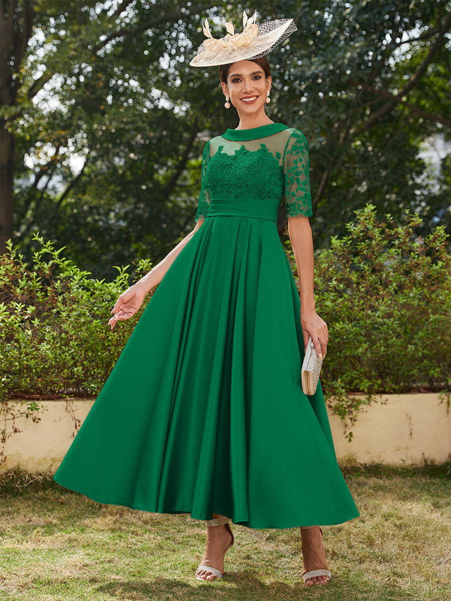 Vestidos Longos de Noite com Mangas Meio Comprimento e Gola Redonda Bordados em Estilo A-Line/Princesa até o Tornozelo