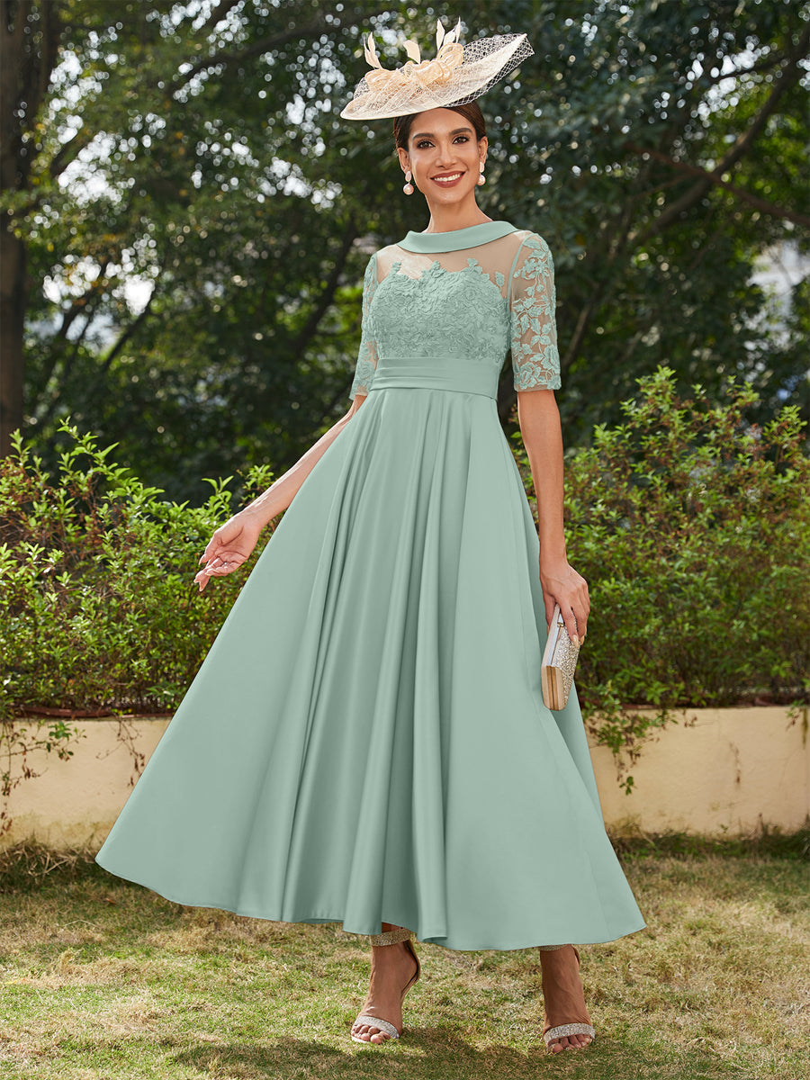 Vestidos Longos de Noite com Mangas Meio Comprimento e Gola Redonda Bordados em Estilo A-Line/Princesa até o Tornozelo