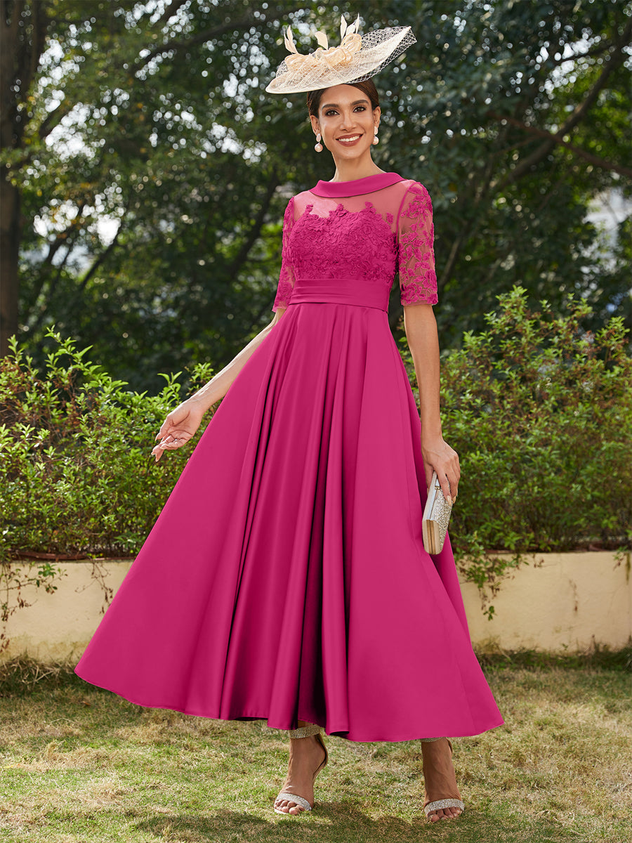 Vestidos Longos de Noite com Mangas Meio Comprimento e Gola Redonda Bordados em Estilo A-Line/Princesa até o Tornozelo