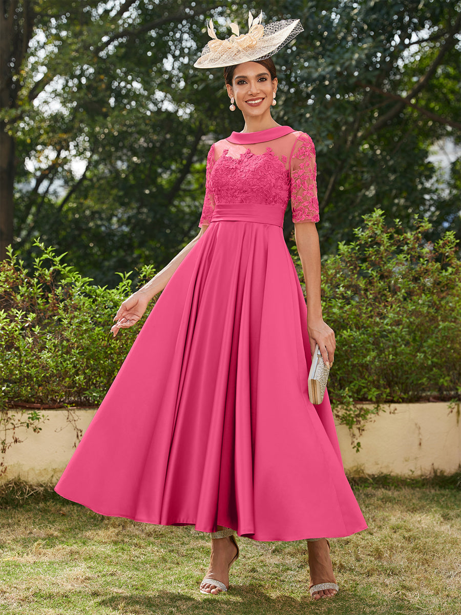 Vestidos Longos de Noite com Mangas Meio Comprimento e Gola Redonda Bordados em Estilo A-Line/Princesa até o Tornozelo