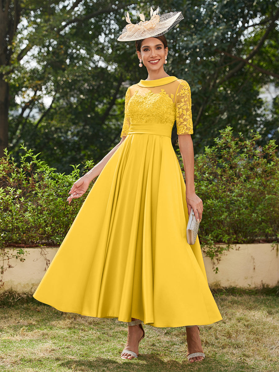 Vestidos Longos de Noite com Mangas Meio Comprimento e Gola Redonda Bordados em Estilo A-Line/Princesa até o Tornozelo