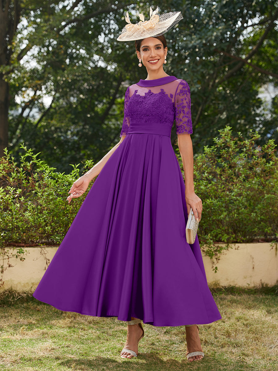 Vestidos Longos de Noite com Mangas Meio Comprimento e Gola Redonda Bordados em Estilo A-Line/Princesa até o Tornozelo