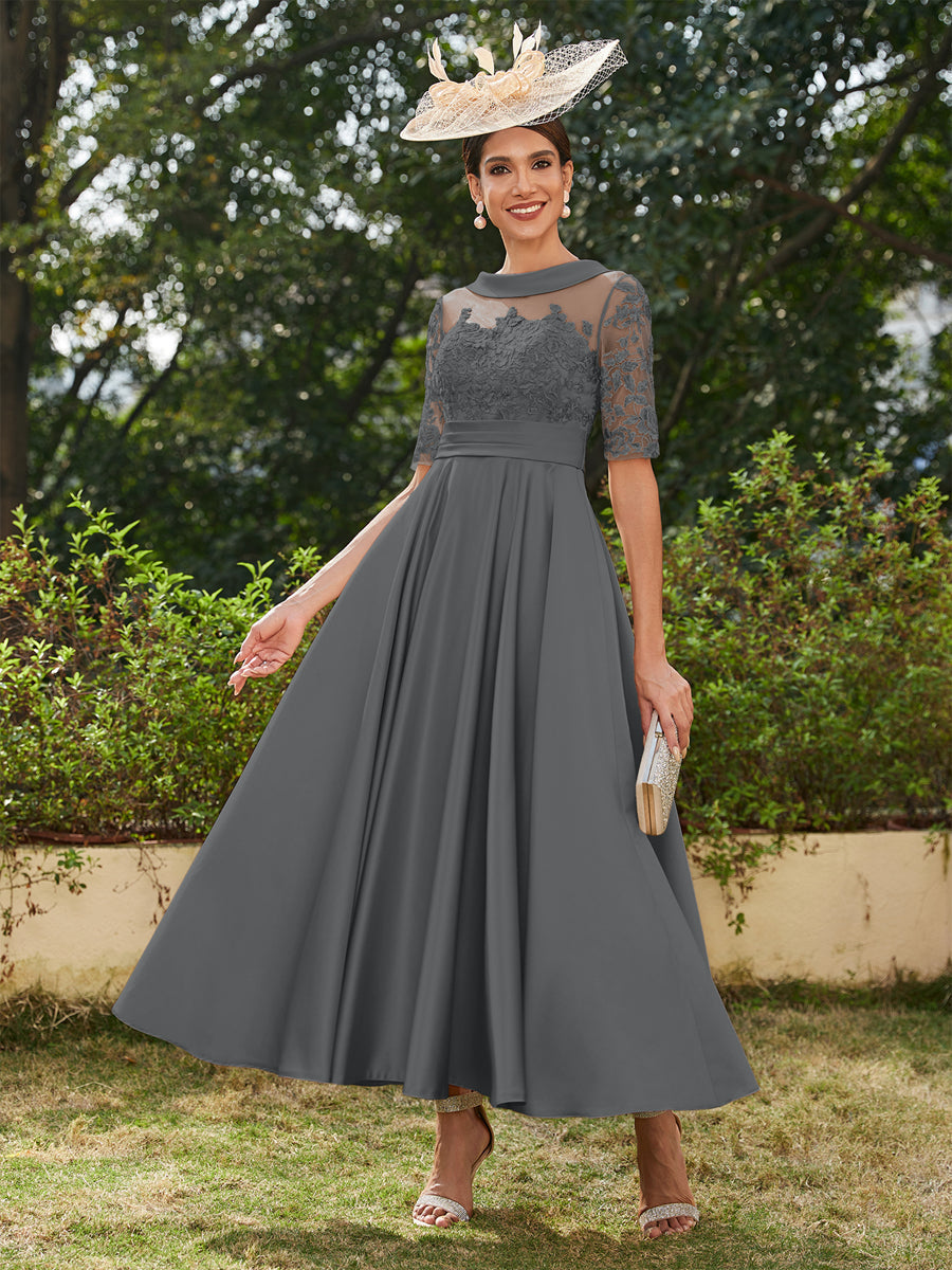 Vestidos Longos de Noite com Mangas Meio Comprimento e Gola Redonda Bordados em Estilo A-Line/Princesa até o Tornozelo