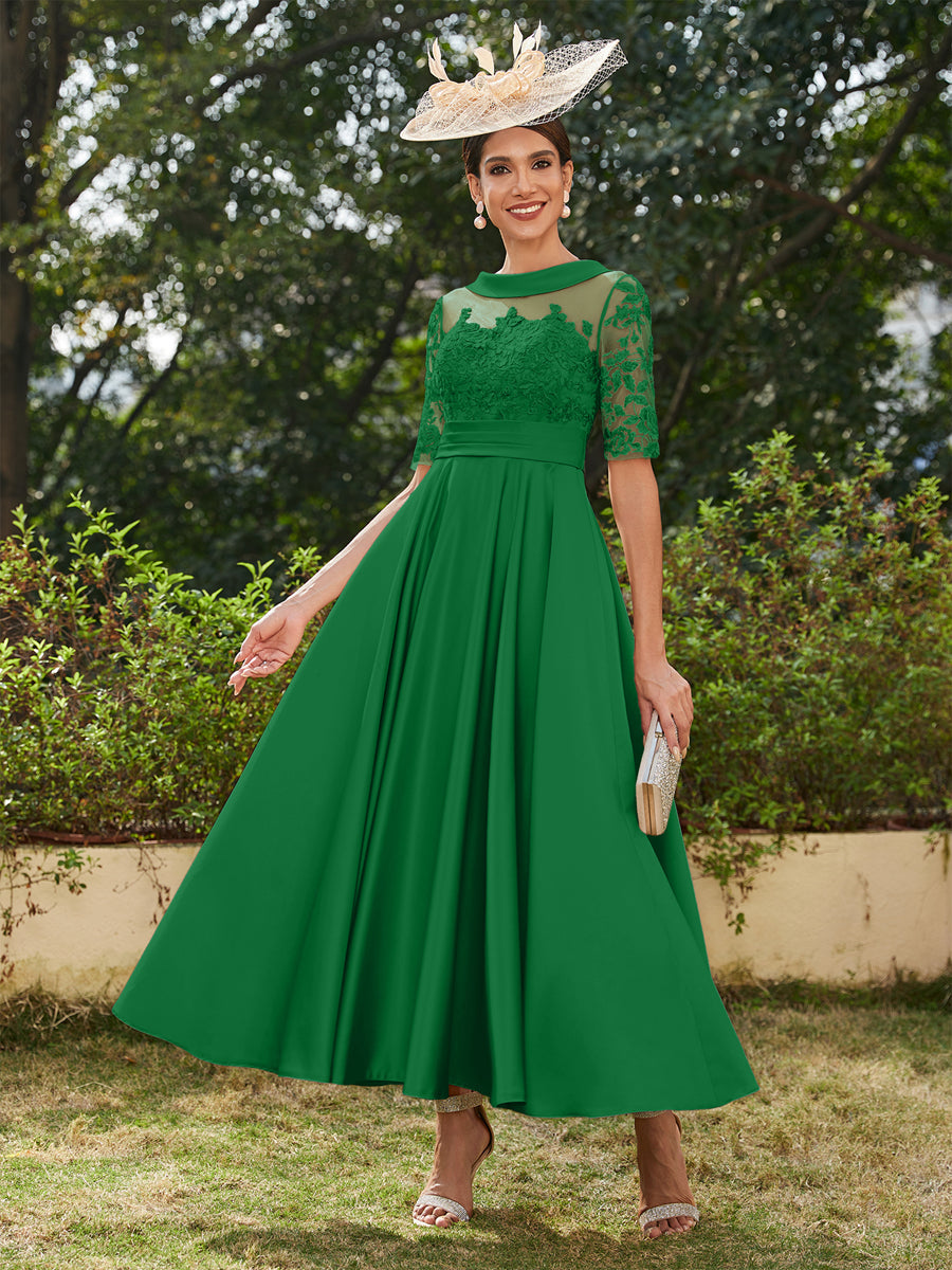 Vestidos Longos de Noite com Mangas Meio Comprimento e Gola Redonda Bordados em Estilo A-Line/Princesa até o Tornozelo