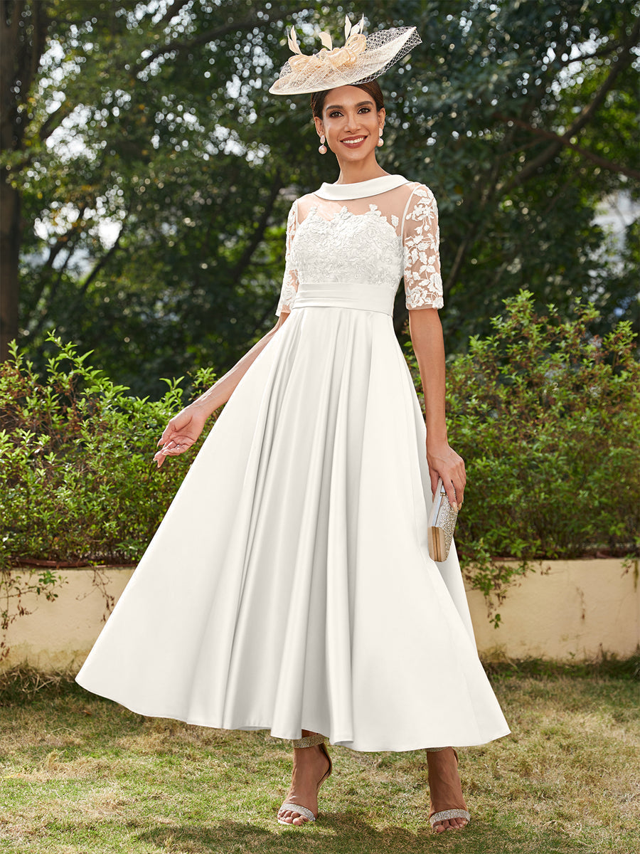 Vestidos Longos de Noite com Mangas Meio Comprimento e Gola Redonda Bordados em Estilo A-Line/Princesa até o Tornozelo