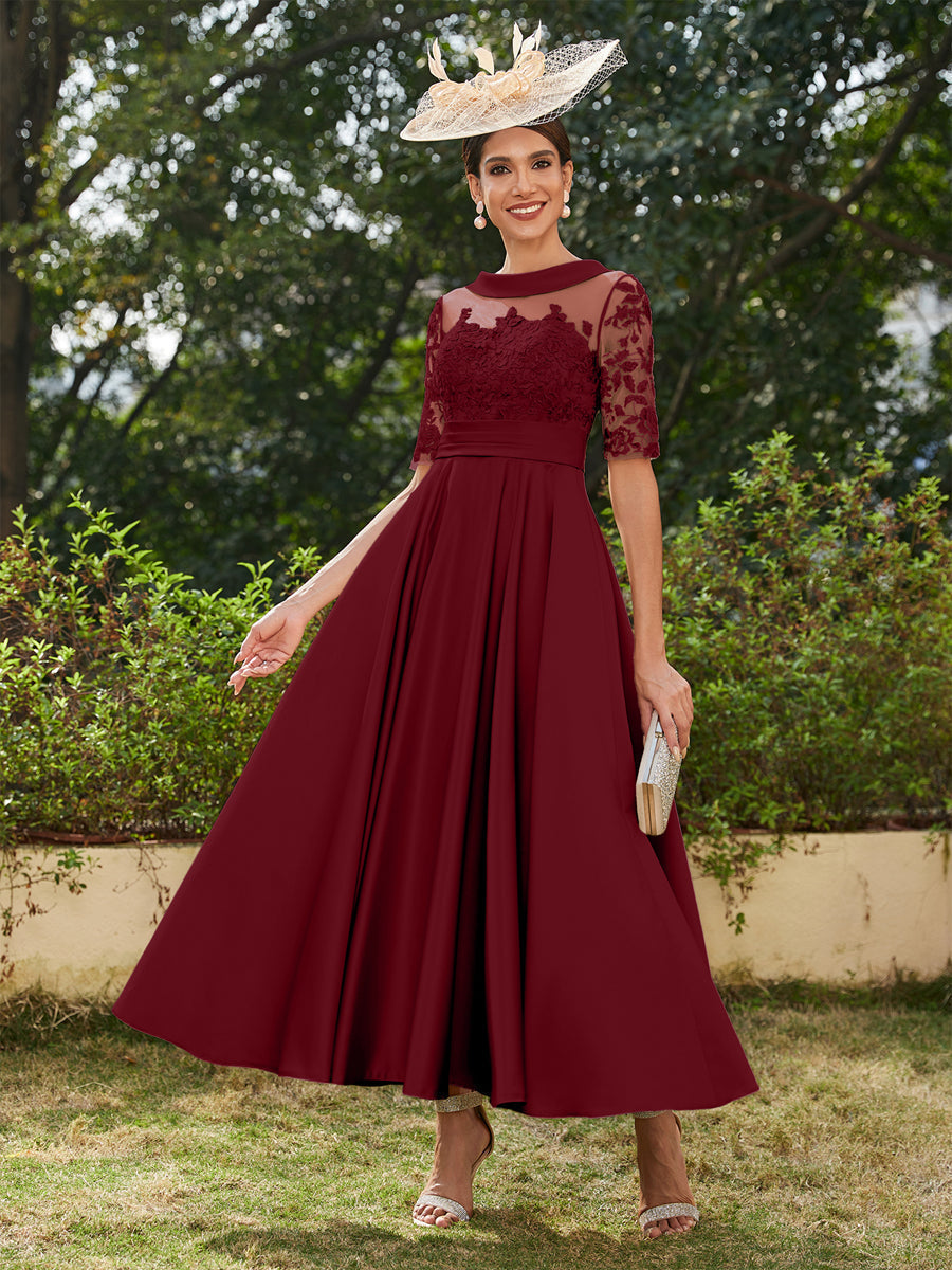 Vestidos Longos de Noite com Mangas Meio Comprimento e Gola Redonda Bordados em Estilo A-Line/Princesa até o Tornozelo
