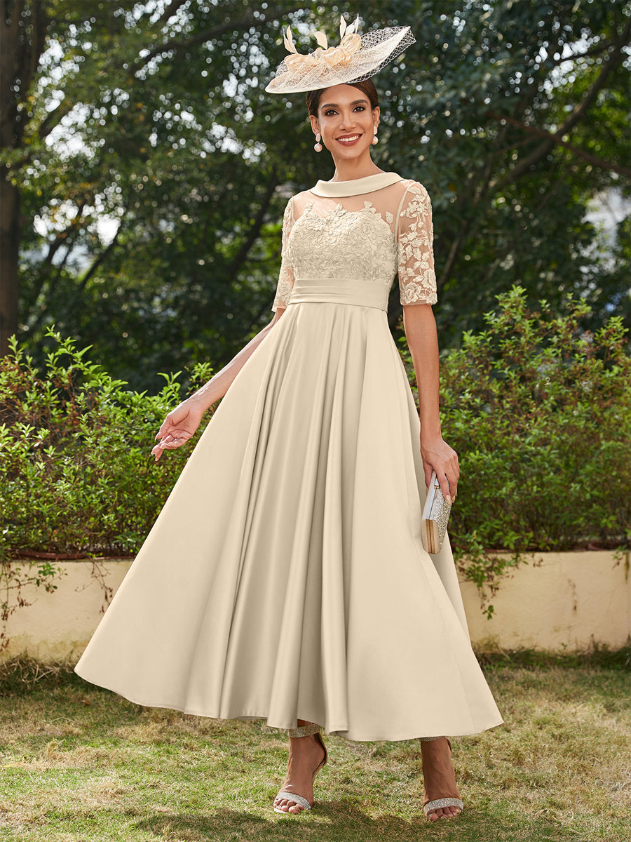 Vestidos Longos de Noite com Mangas Meio Comprimento e Gola Redonda Bordados em Estilo A-Line/Princesa até o Tornozelo