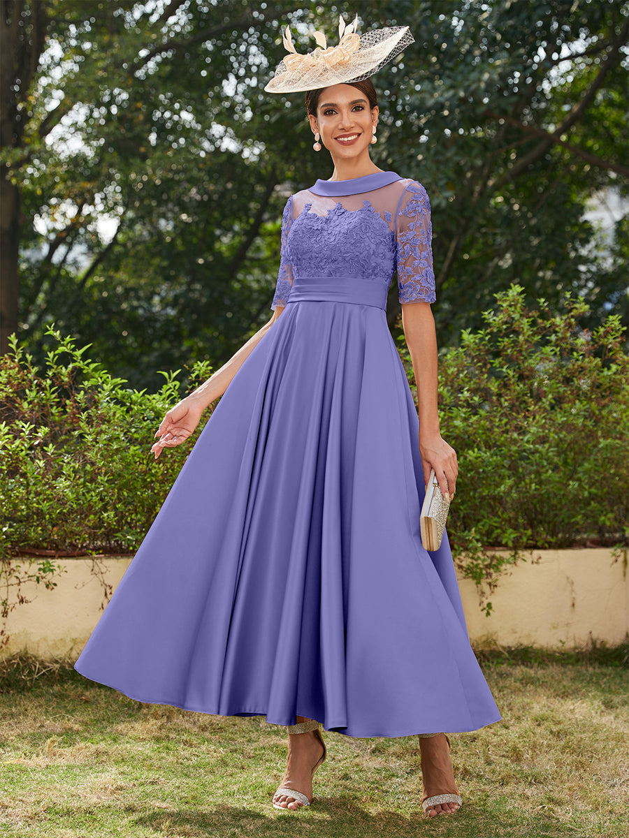 Vestidos Longos de Noite com Mangas Meio Comprimento e Gola Redonda Bordados em Estilo A-Line/Princesa até o Tornozelo