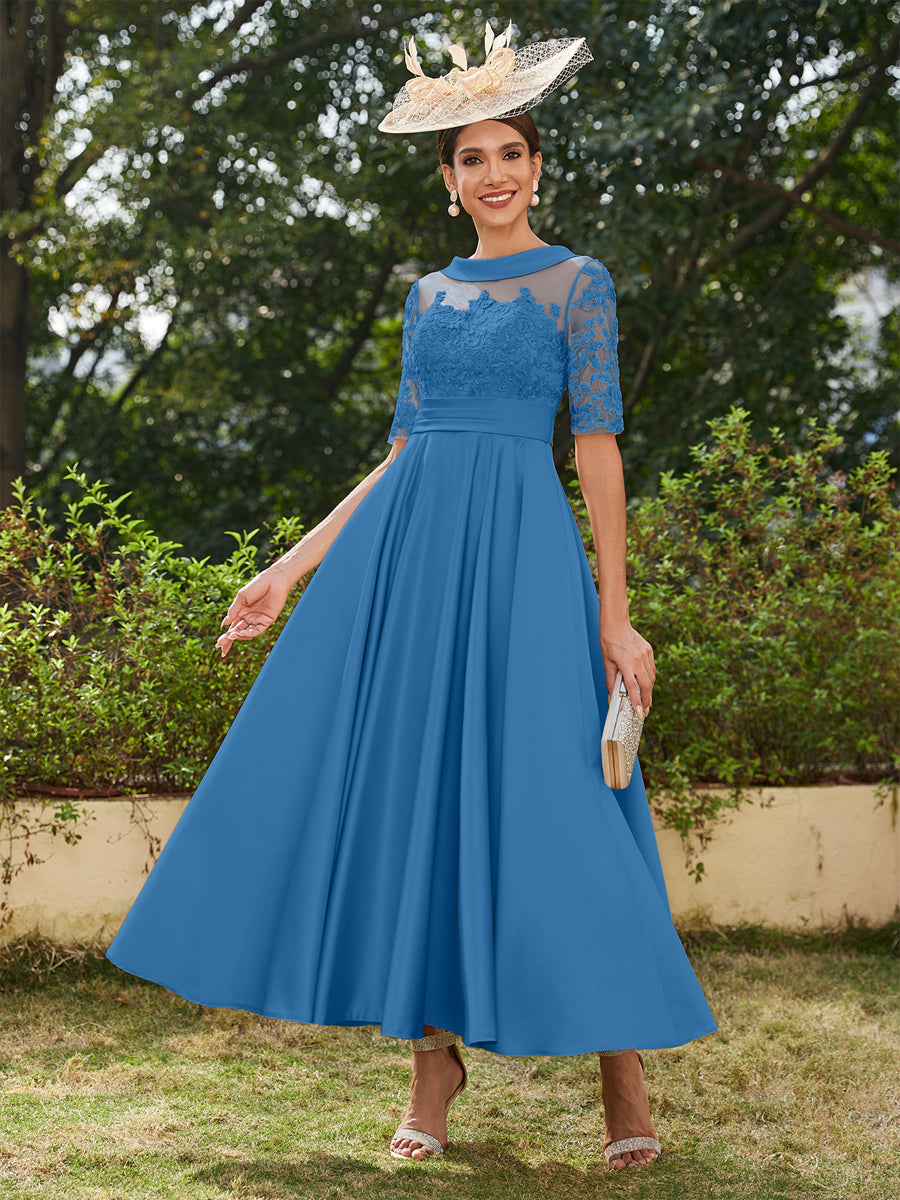Vestidos Longos de Noite com Mangas Meio Comprimento e Gola Redonda Bordados em Estilo A-Line/Princesa até o Tornozelo