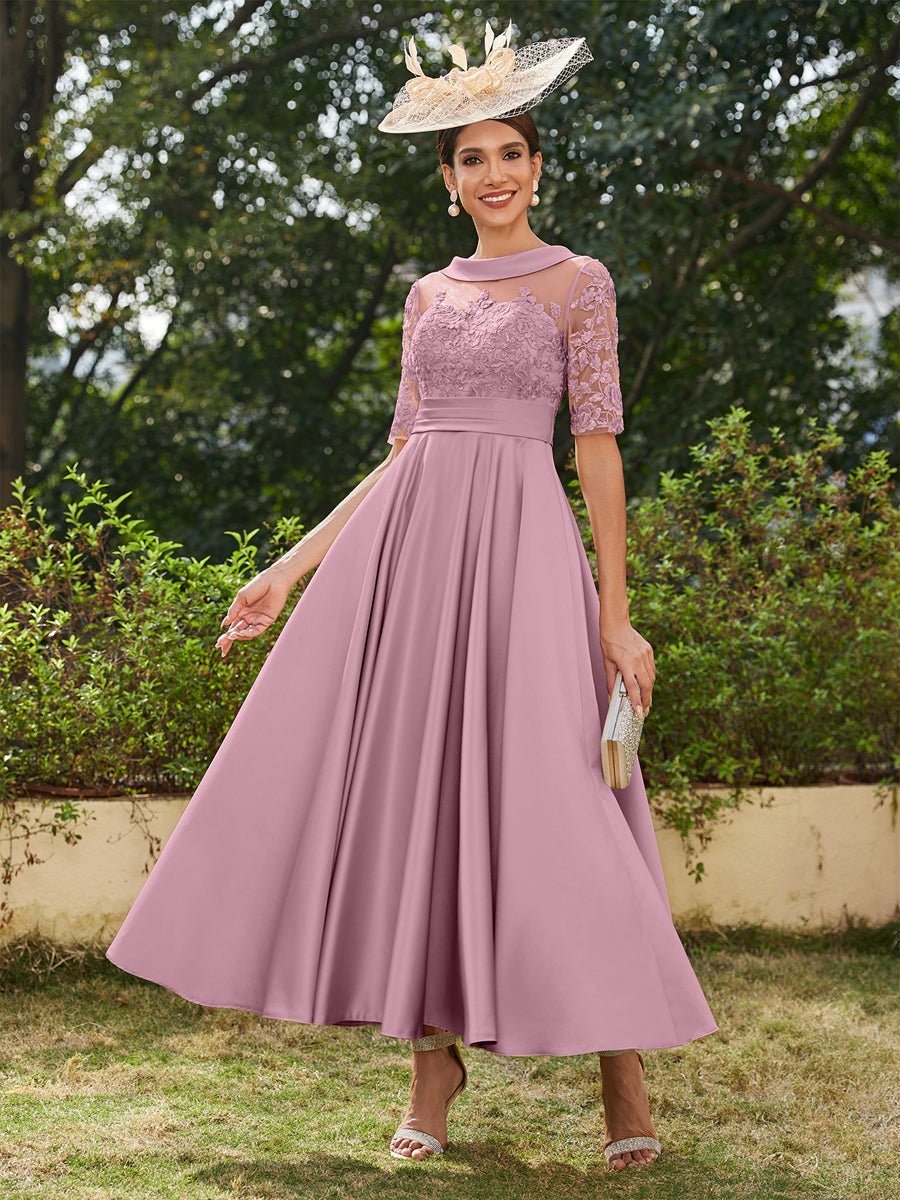 Vestidos Longos de Noite com Mangas Meio Comprimento e Gola Redonda Bordados em Estilo A-Line/Princesa até o Tornozelo