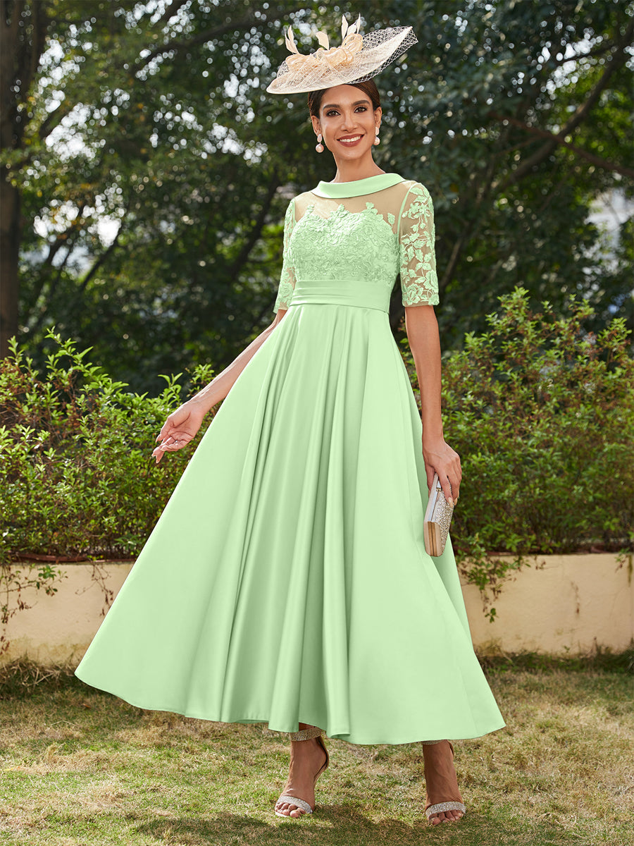 Vestidos Longos de Noite com Mangas Meio Comprimento e Gola Redonda Bordados em Estilo A-Line/Princesa até o Tornozelo