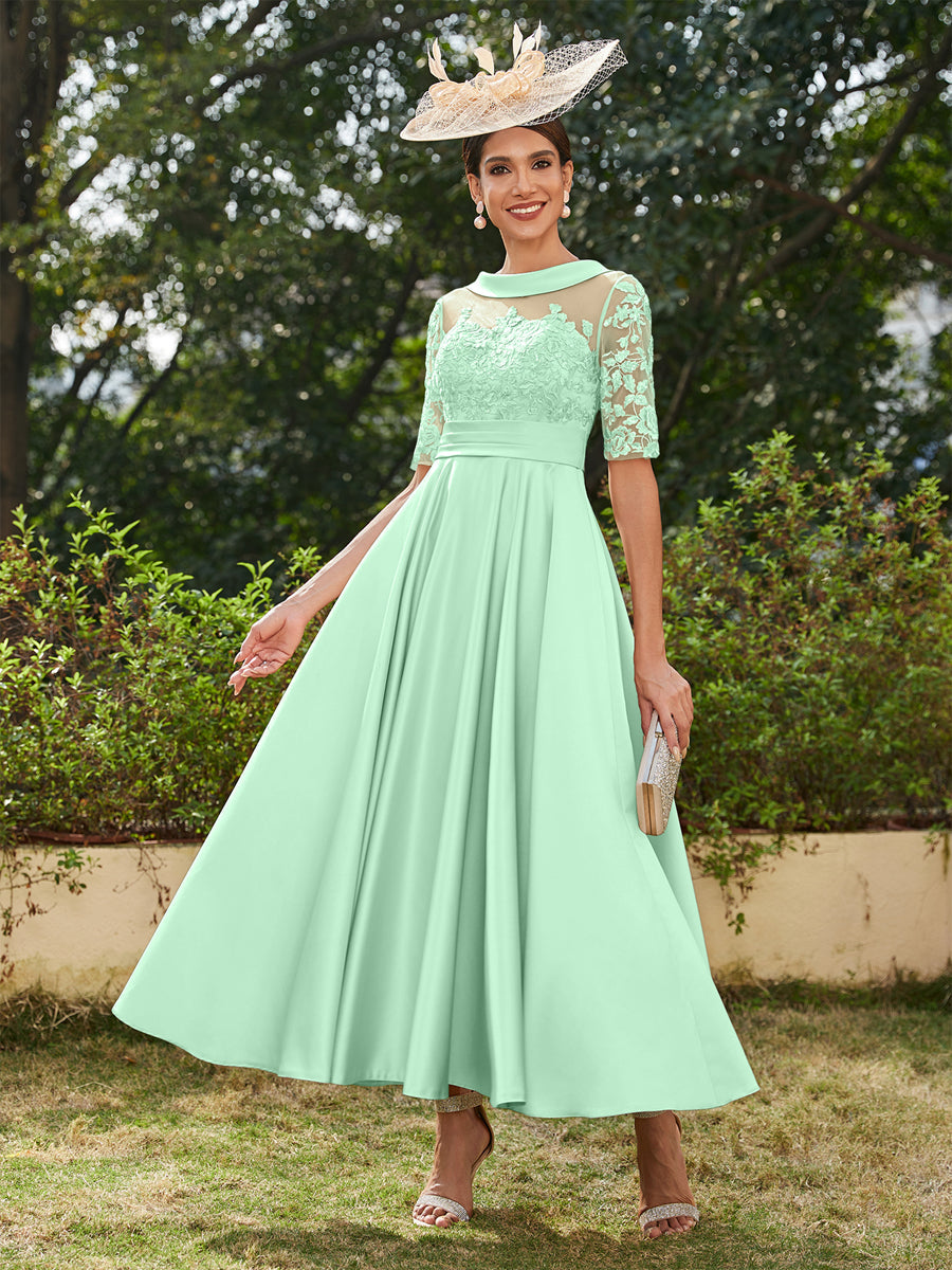 Vestidos Longos de Noite com Mangas Meio Comprimento e Gola Redonda Bordados em Estilo A-Line/Princesa até o Tornozelo
