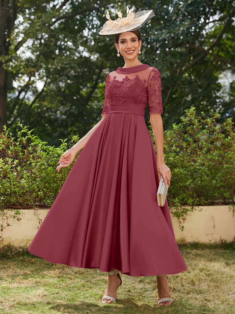 Vestidos Longos de Noite com Mangas Meio Comprimento e Gola Redonda Bordados em Estilo A-Line/Princesa até o Tornozelo