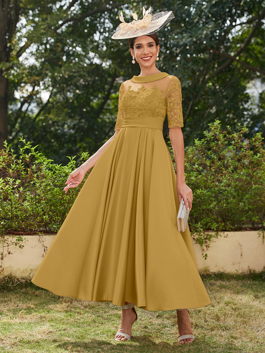 Vestidos Longos de Noite com Mangas Meio Comprimento e Gola Redonda Bordados em Estilo A-Line/Princesa até o Tornozelo