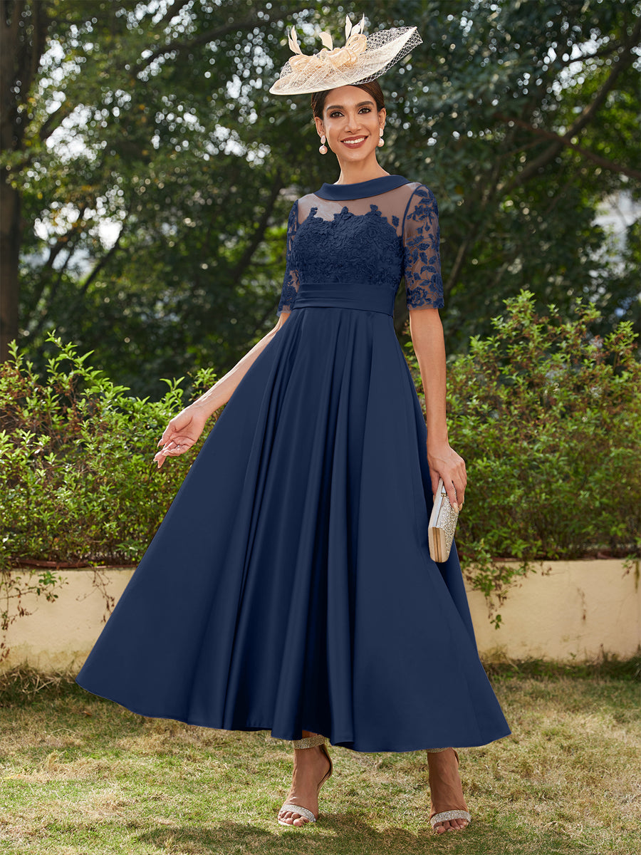 Vestidos Longos de Noite com Mangas Meio Comprimento e Gola Redonda Bordados em Estilo A-Line/Princesa até o Tornozelo