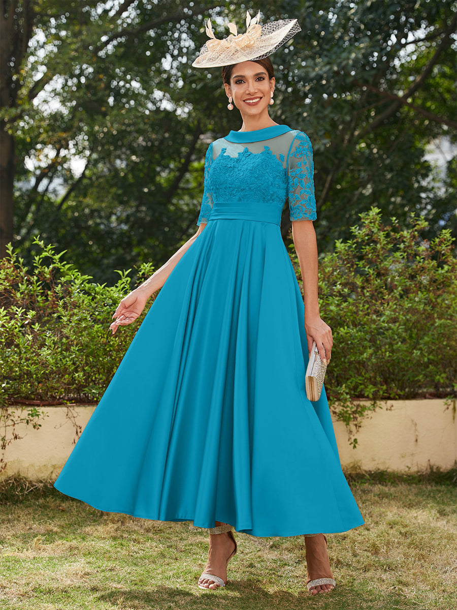 Vestidos Longos de Noite com Mangas Meio Comprimento e Gola Redonda Bordados em Estilo A-Line/Princesa até o Tornozelo