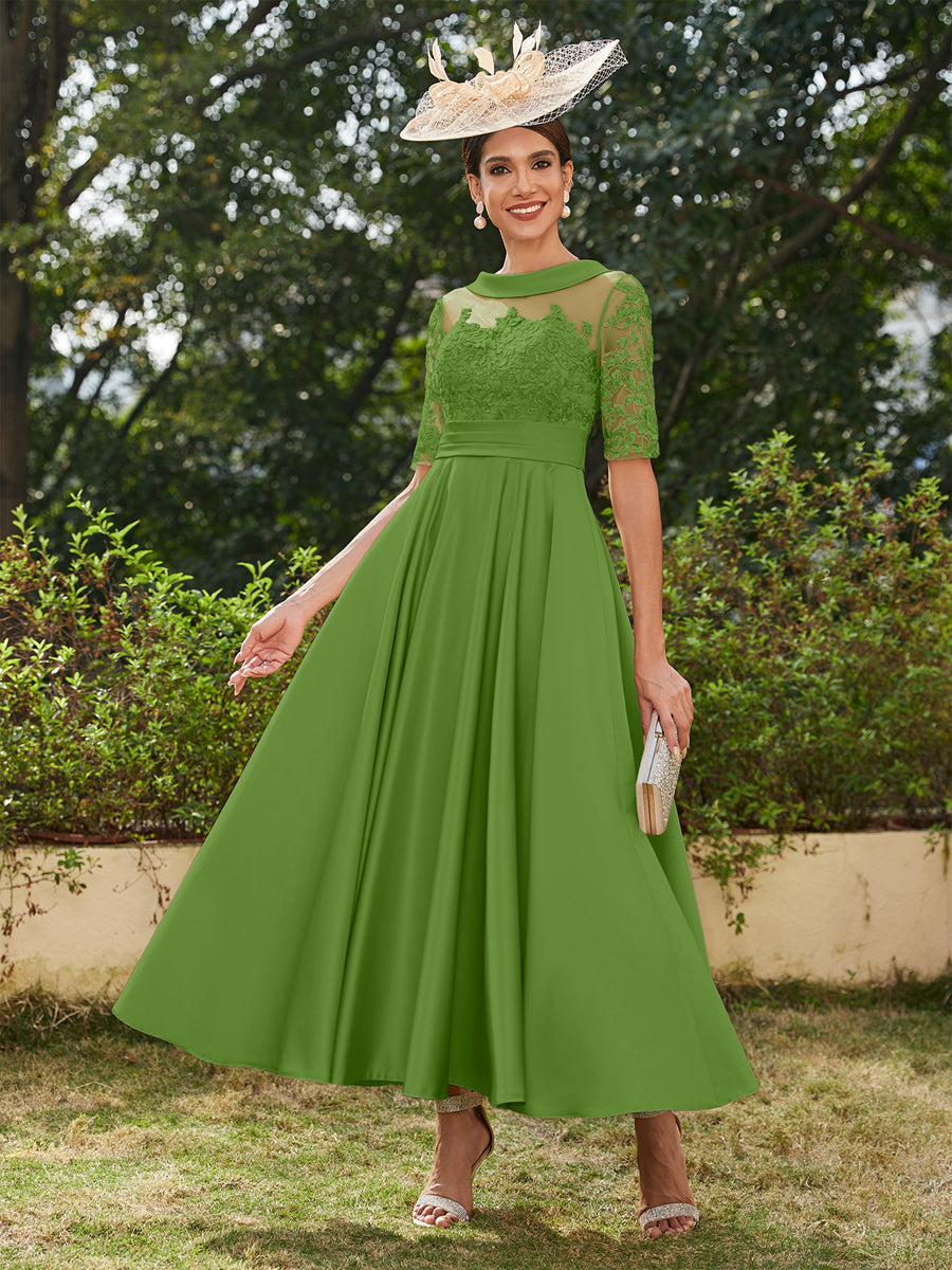 Vestidos Longos de Noite com Mangas Meio Comprimento e Gola Redonda Bordados em Estilo A-Line/Princesa até o Tornozelo