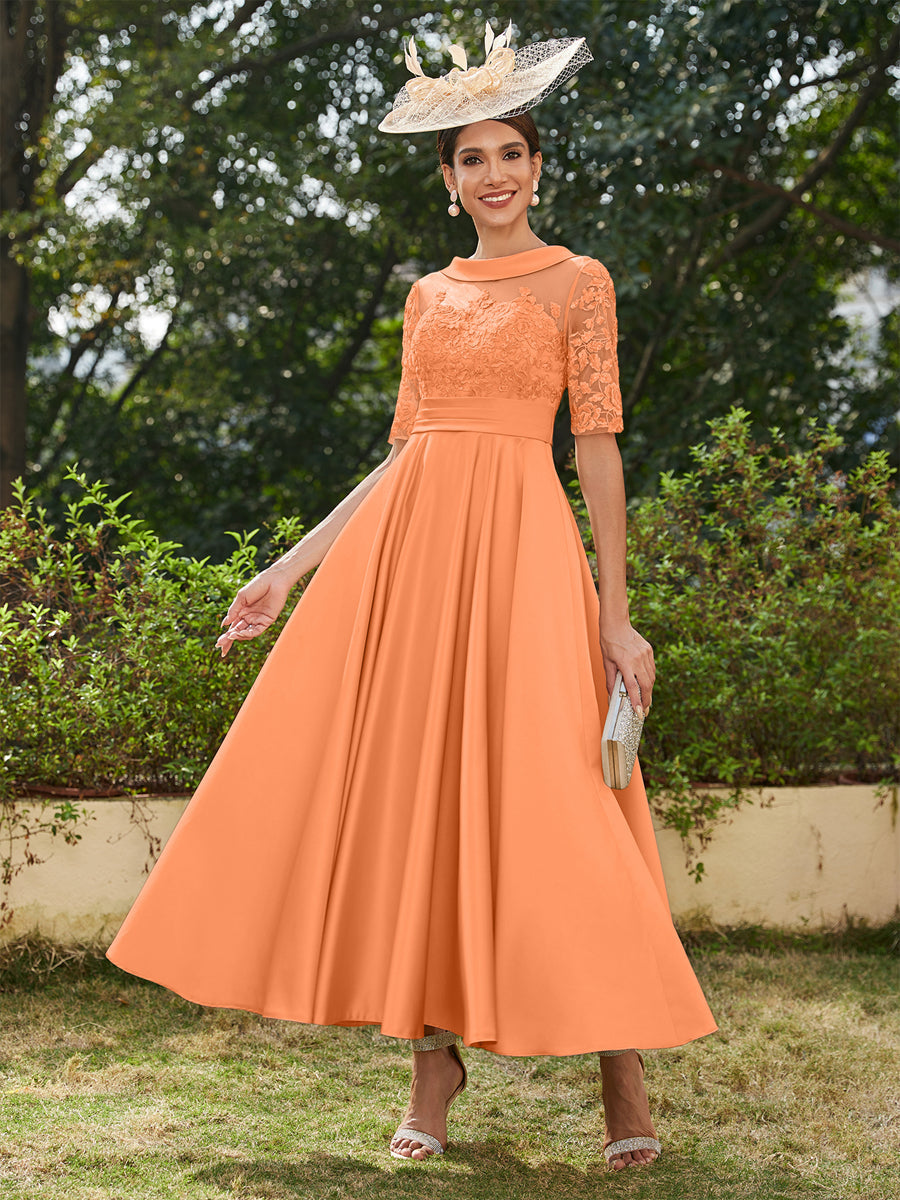 Vestidos Longos de Noite com Mangas Meio Comprimento e Gola Redonda Bordados em Estilo A-Line/Princesa até o Tornozelo