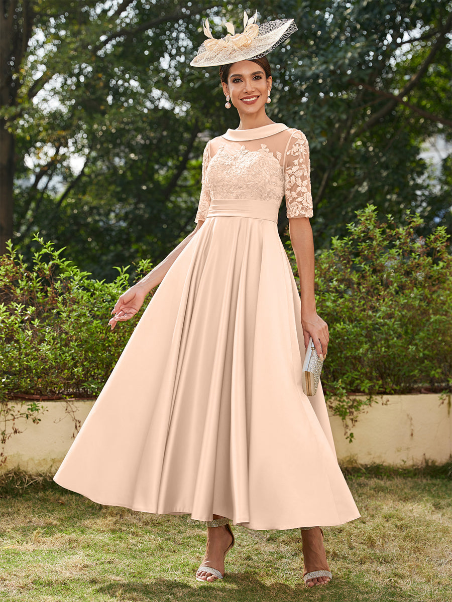 Vestidos Longos de Noite com Mangas Meio Comprimento e Gola Redonda Bordados em Estilo A-Line/Princesa até o Tornozelo