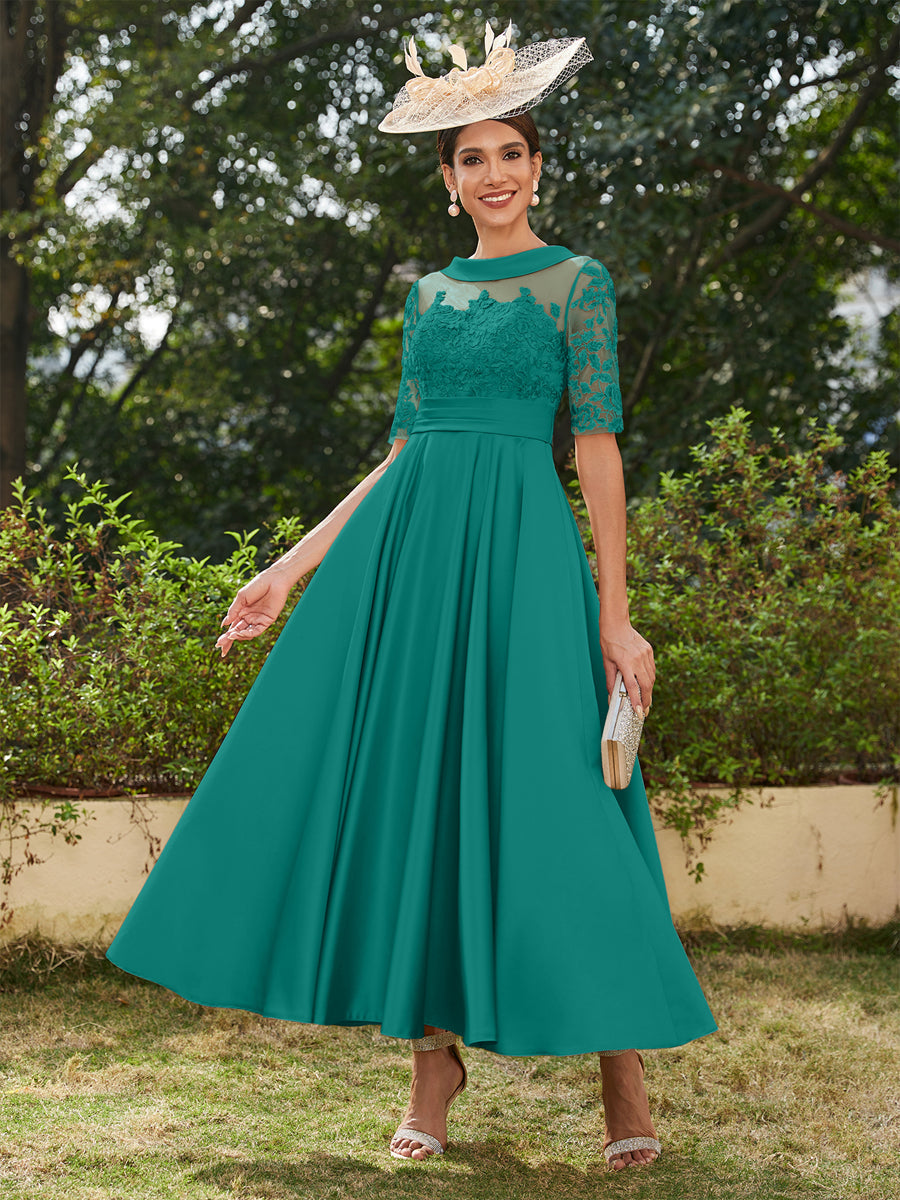 Vestidos Longos de Noite com Mangas Meio Comprimento e Gola Redonda Bordados em Estilo A-Line/Princesa até o Tornozelo