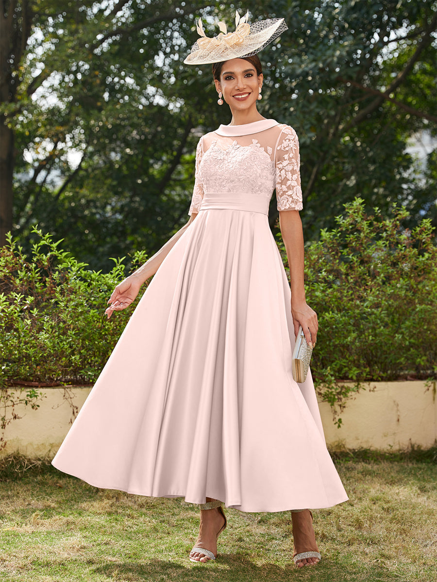 Vestidos Longos de Noite com Mangas Meio Comprimento e Gola Redonda Bordados em Estilo A-Line/Princesa até o Tornozelo