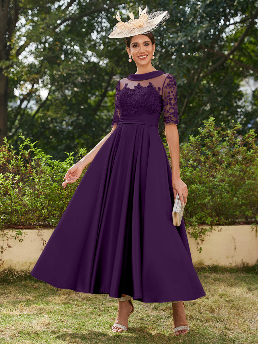 Vestidos Longos de Noite com Mangas Meio Comprimento e Gola Redonda Bordados em Estilo A-Line/Princesa até o Tornozelo