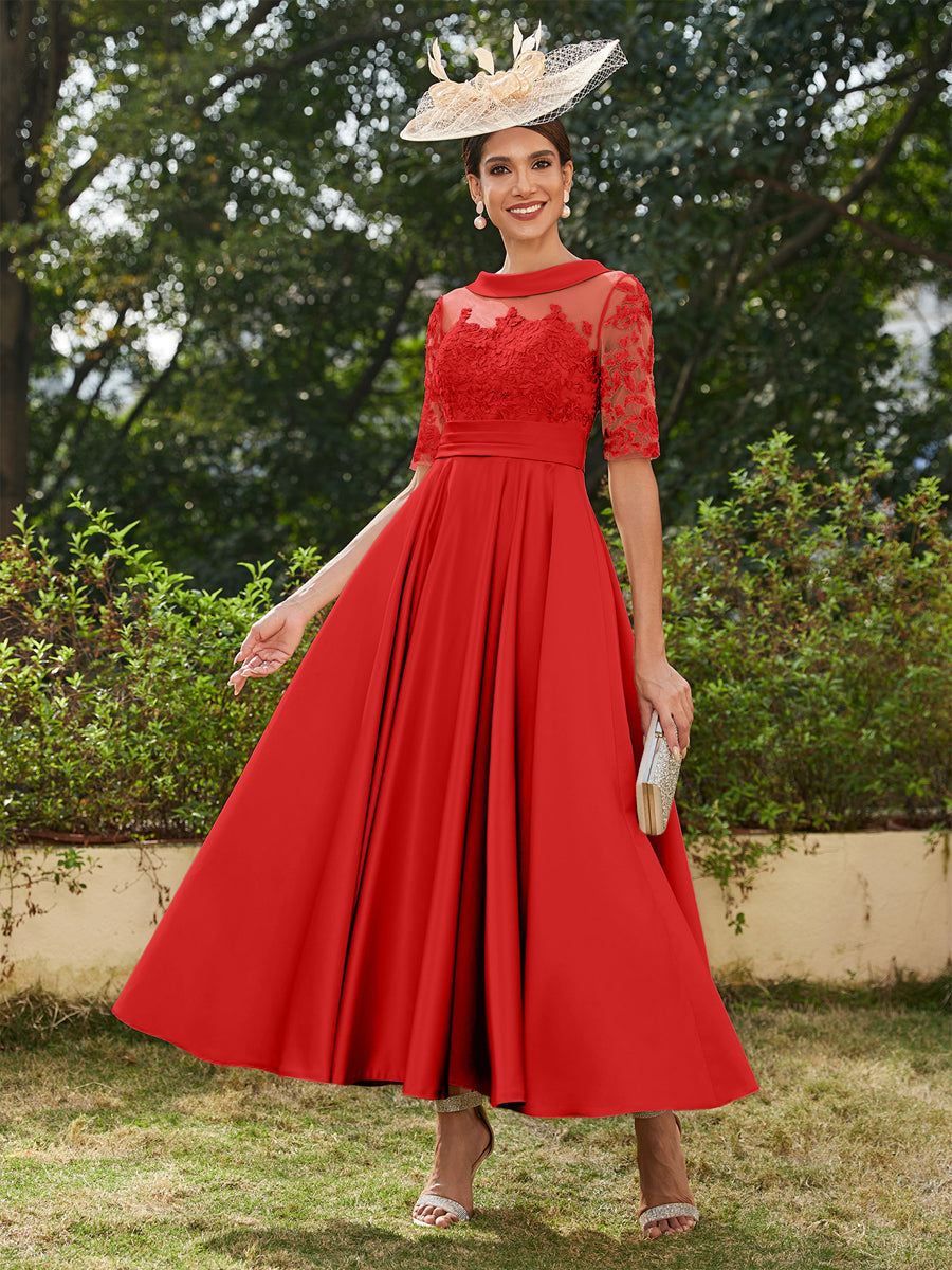 Vestidos Longos de Noite com Mangas Meio Comprimento e Gola Redonda Bordados em Estilo A-Line/Princesa até o Tornozelo