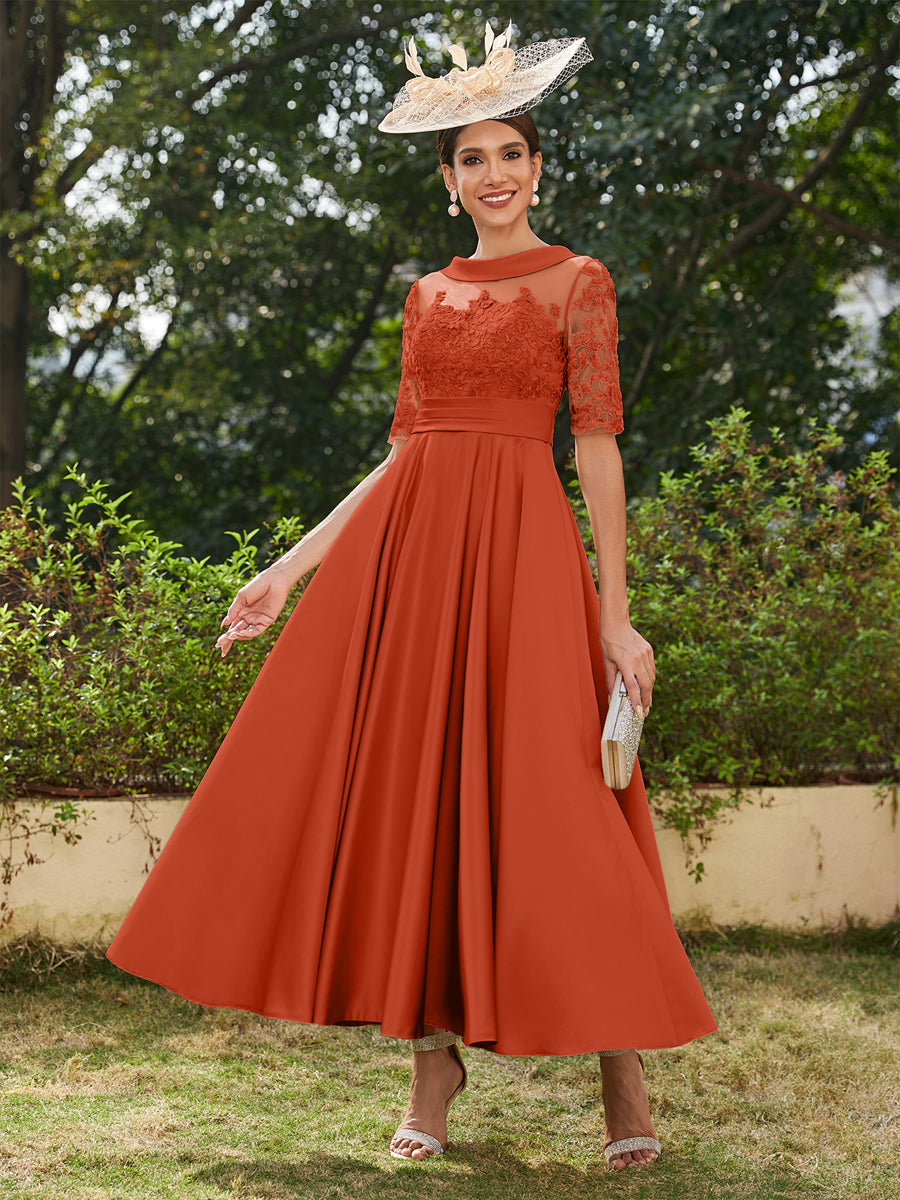 Vestidos Longos de Noite com Mangas Meio Comprimento e Gola Redonda Bordados em Estilo A-Line/Princesa até o Tornozelo