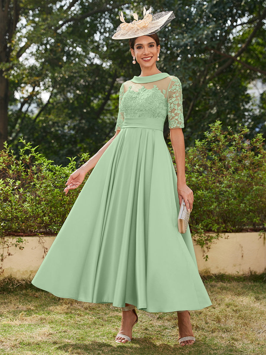 Vestidos Longos de Noite com Mangas Meio Comprimento e Gola Redonda Bordados em Estilo A-Line/Princesa até o Tornozelo