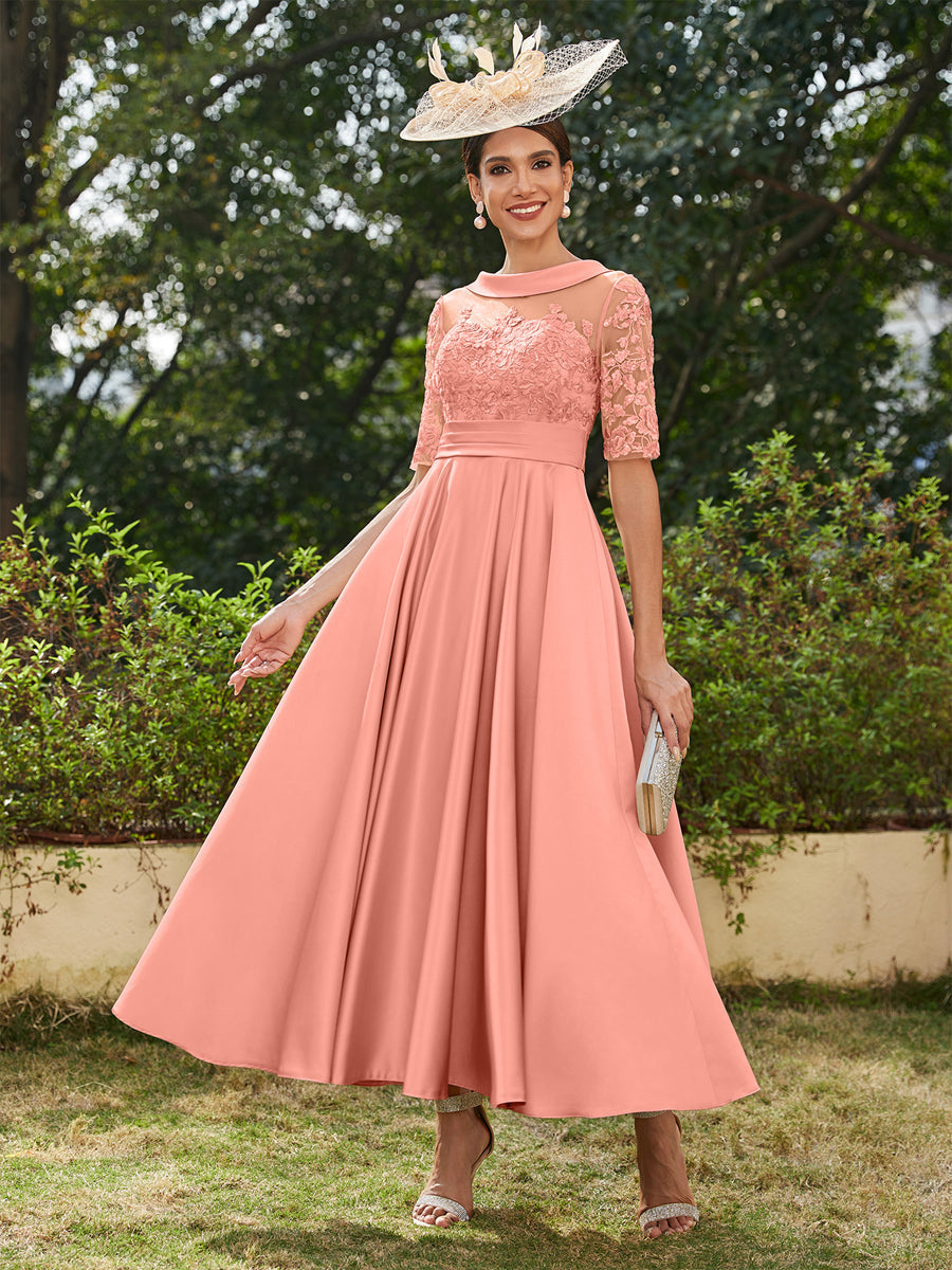 Vestidos Longos de Noite com Mangas Meio Comprimento e Gola Redonda Bordados em Estilo A-Line/Princesa até o Tornozelo