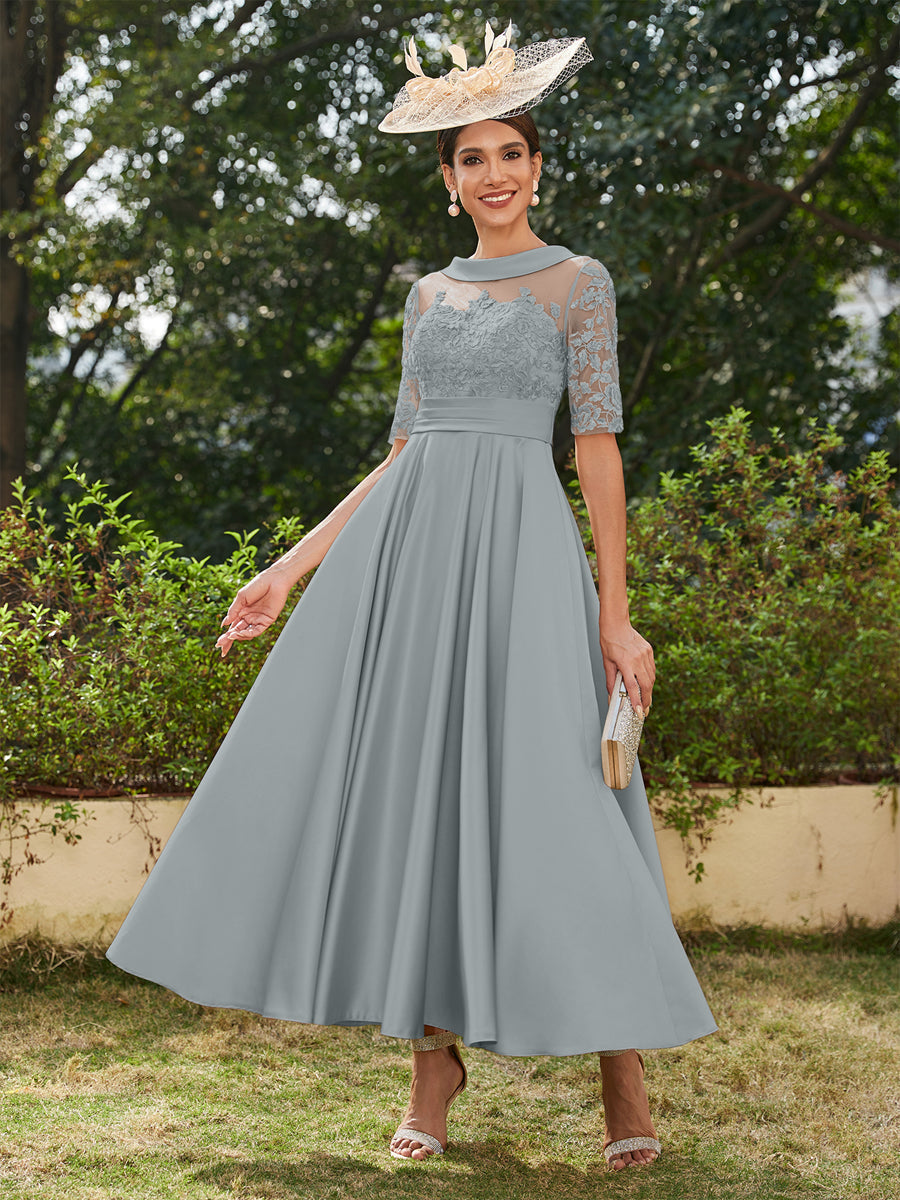 Vestidos Longos de Noite com Mangas Meio Comprimento e Gola Redonda Bordados em Estilo A-Line/Princesa até o Tornozelo