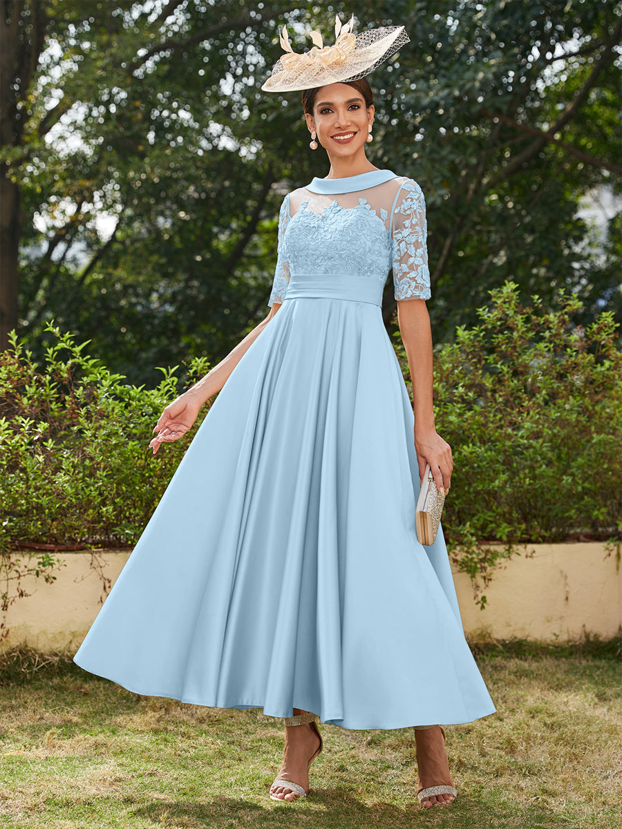 Vestidos Longos de Noite com Mangas Meio Comprimento e Gola Redonda Bordados em Estilo A-Line/Princesa até o Tornozelo