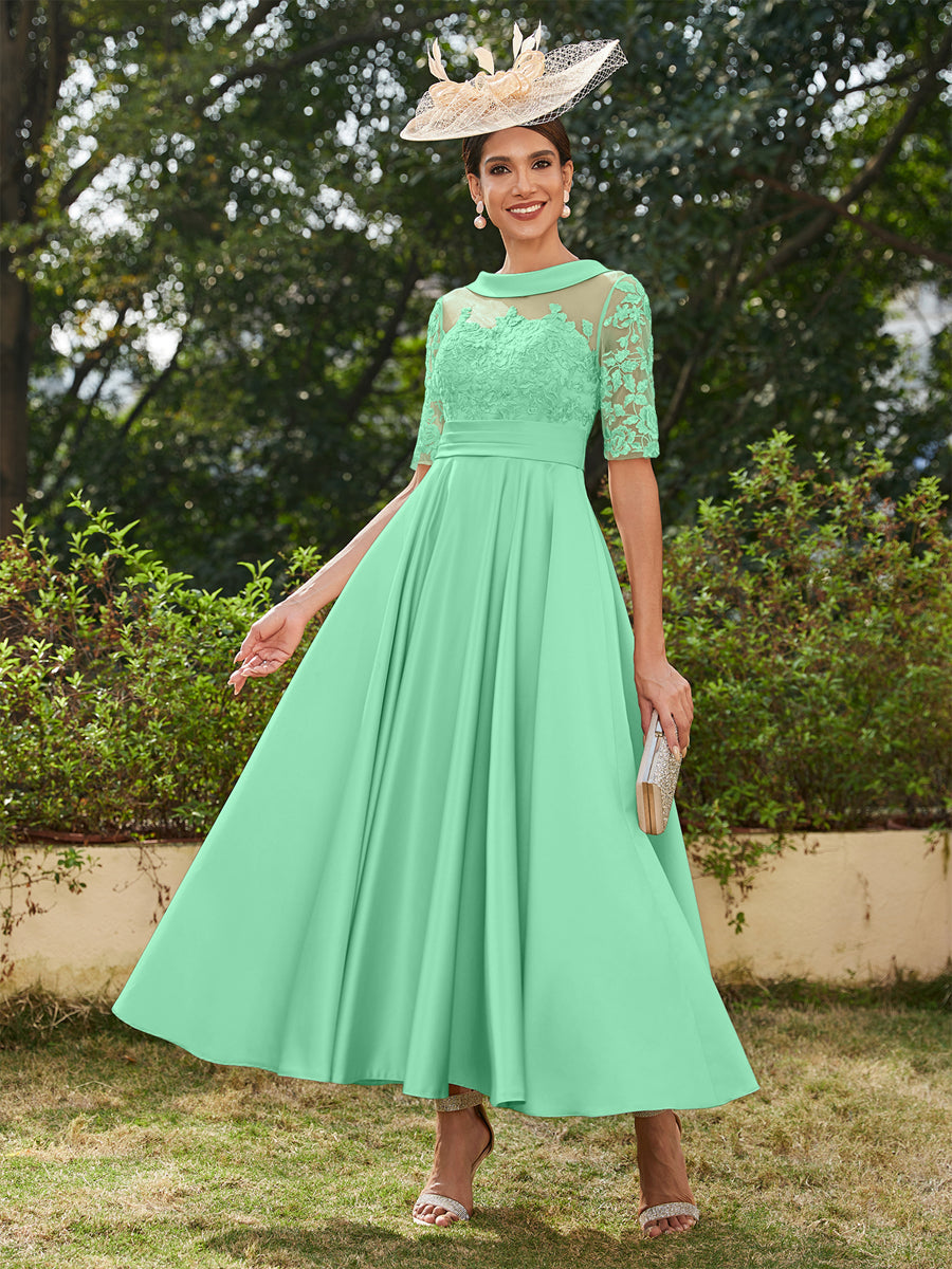 Vestidos Longos de Noite com Mangas Meio Comprimento e Gola Redonda Bordados em Estilo A-Line/Princesa até o Tornozelo
