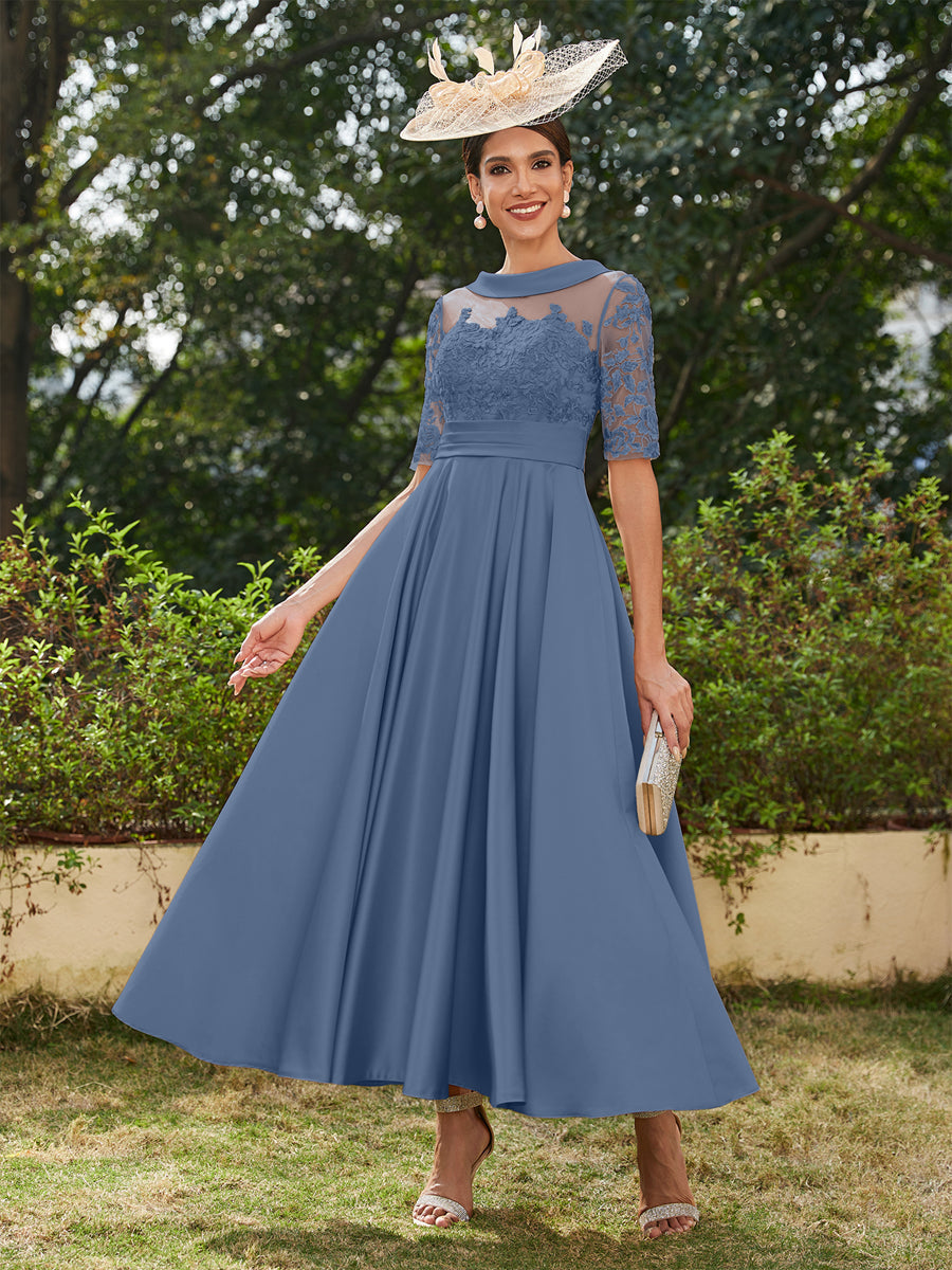 Vestidos Longos de Noite com Mangas Meio Comprimento e Gola Redonda Bordados em Estilo A-Line/Princesa até o Tornozelo